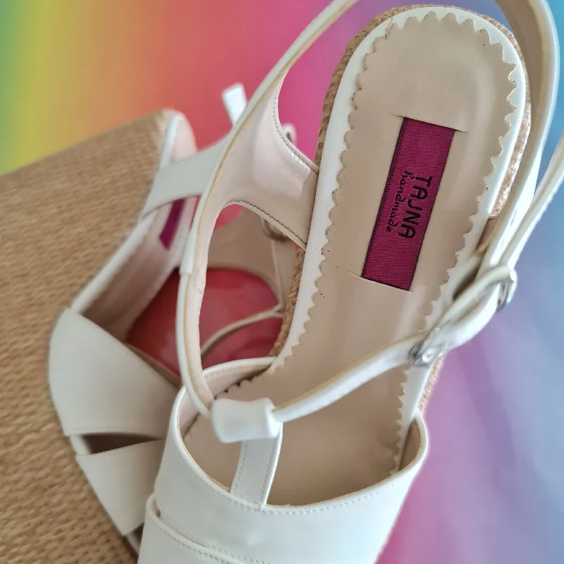 White T Strap Espadril High Heel Wedges