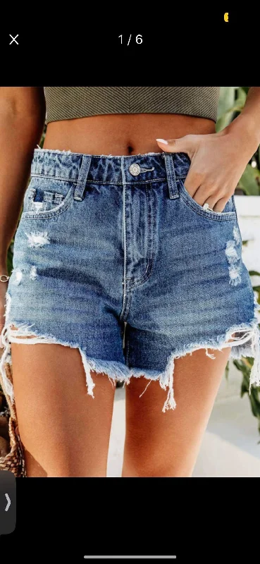 Medium Wash Distressed Hem Jean Shorts