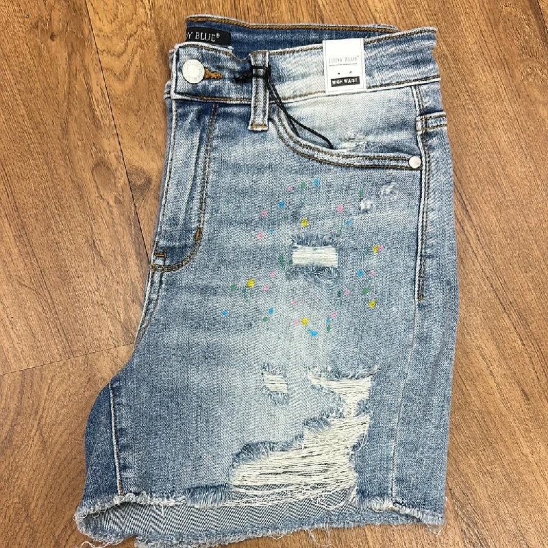 Judy Blue High Waist Distressed Confetti Paint Splatter Shorts