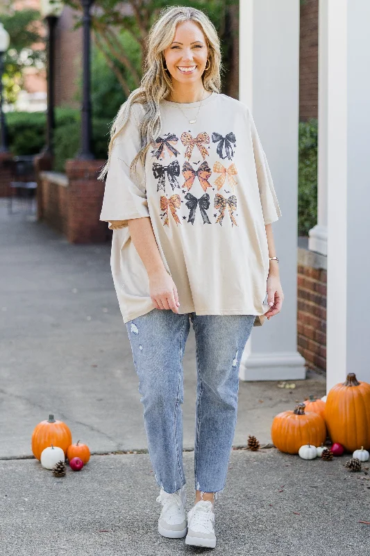 Boo-tiful Bows Boyfriend Tee, Light Mocha