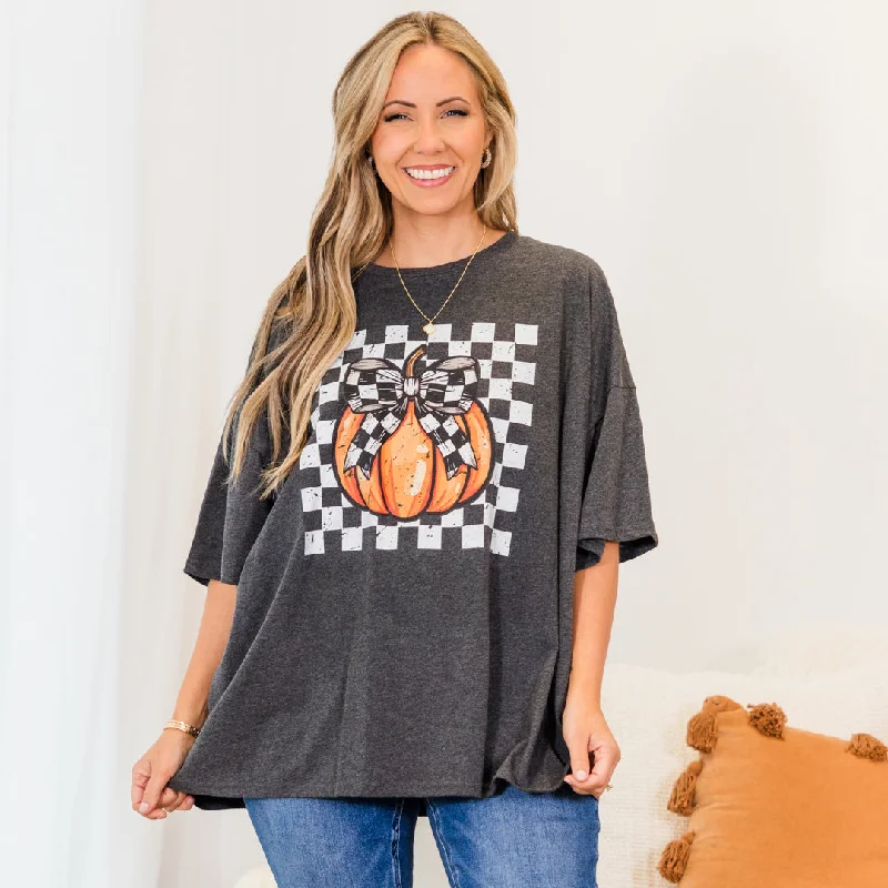 Checkered Pumpkin Boyfriend Tee, Charcoal