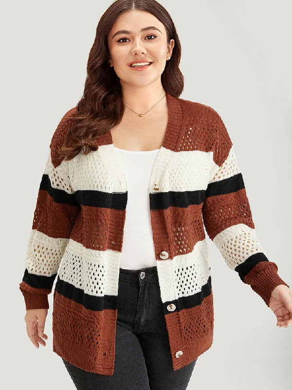 Colorblock Contrast Geo Eyelet Button Through Cardigan