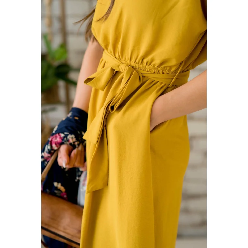 Cuffed Sleeve Tie Button Dress