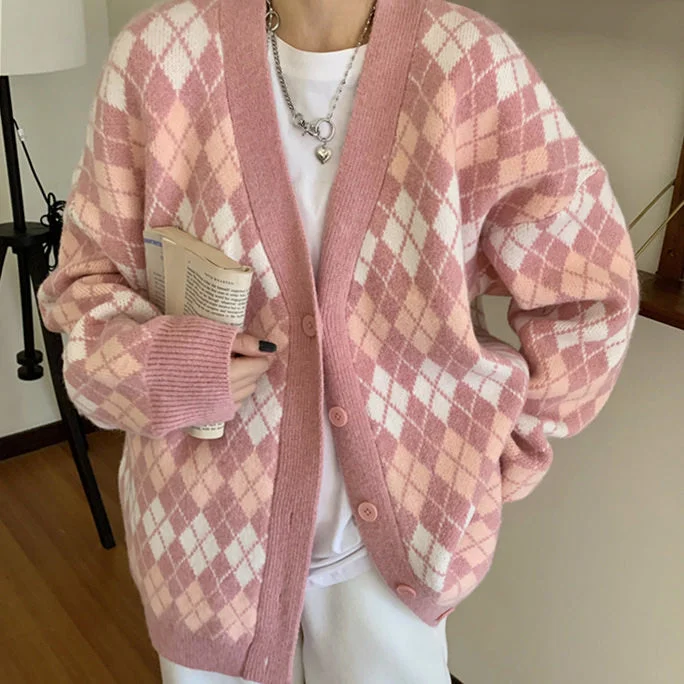 Pink Argyle Knit Cardigan