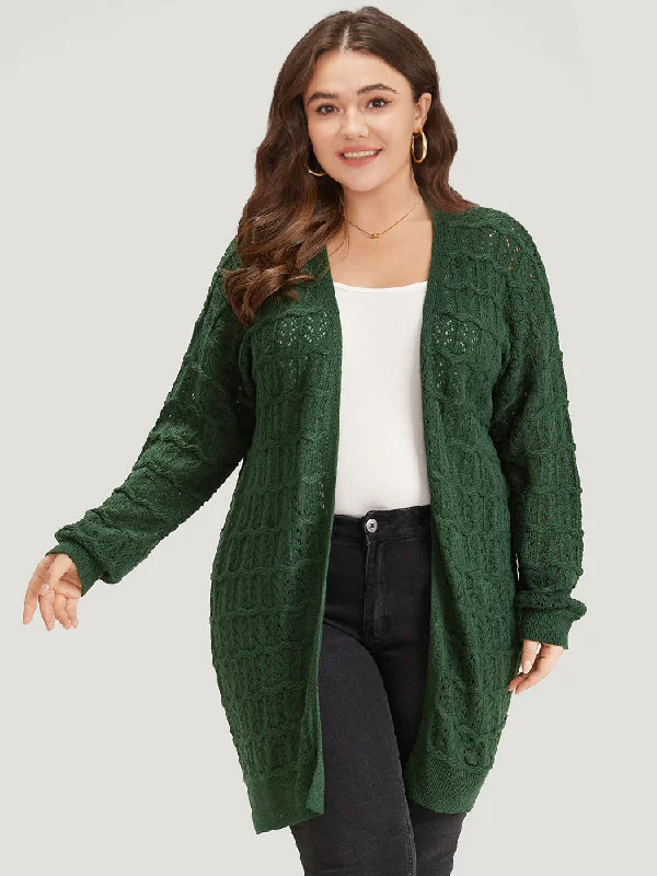 Plain Geometric Eyelet Cable Knit Tunic Cardigan