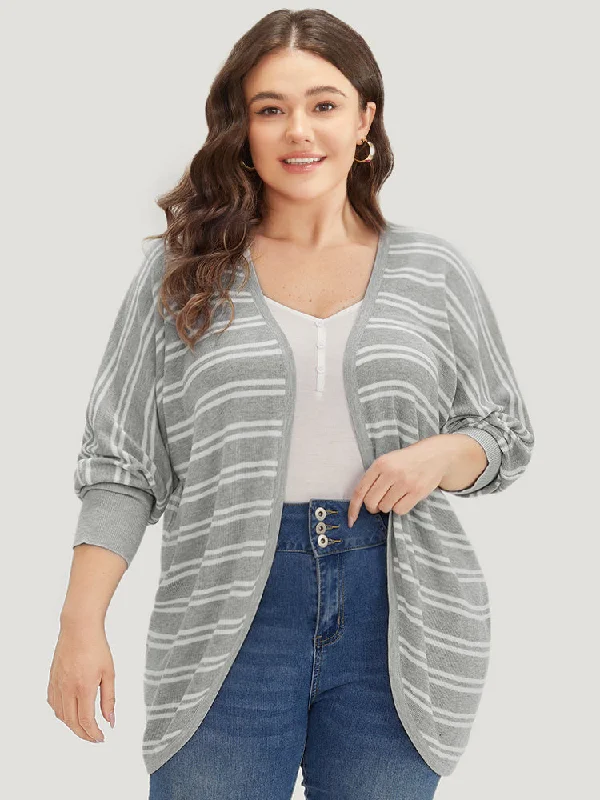 Striped Elastic Cuffs Arc Hem Cardigan