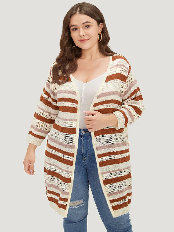 Striped Hollow Out Open Front Split Hem Cardigan