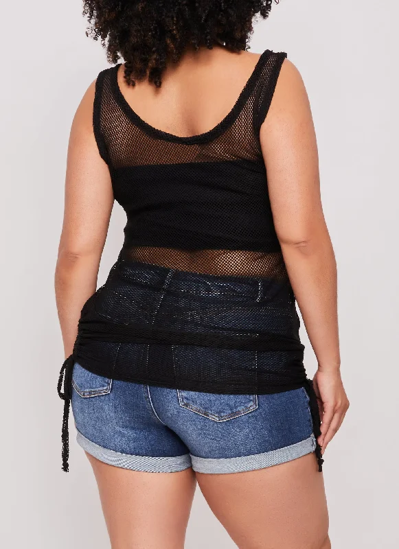 Plus Size Fishnet Side Drawstring Ruched Tank Top