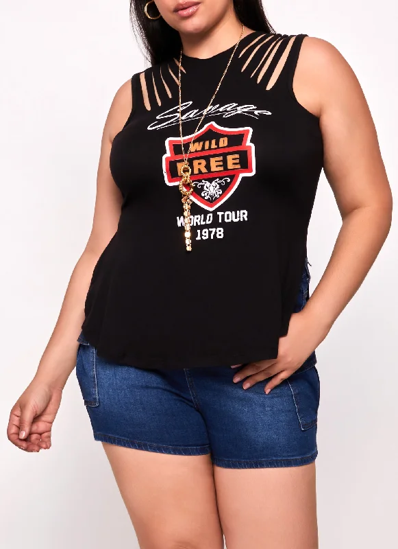 Plus Size Savage Wild Free Laser Cut Graphic Tank Top with Necklace