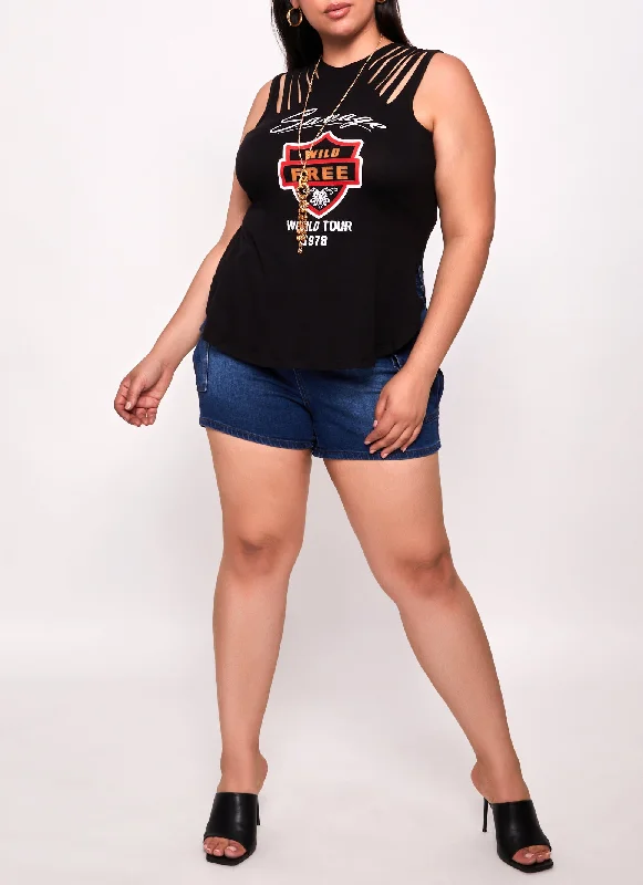 Plus Size Savage Wild Free Laser Cut Graphic Tank Top with Necklace