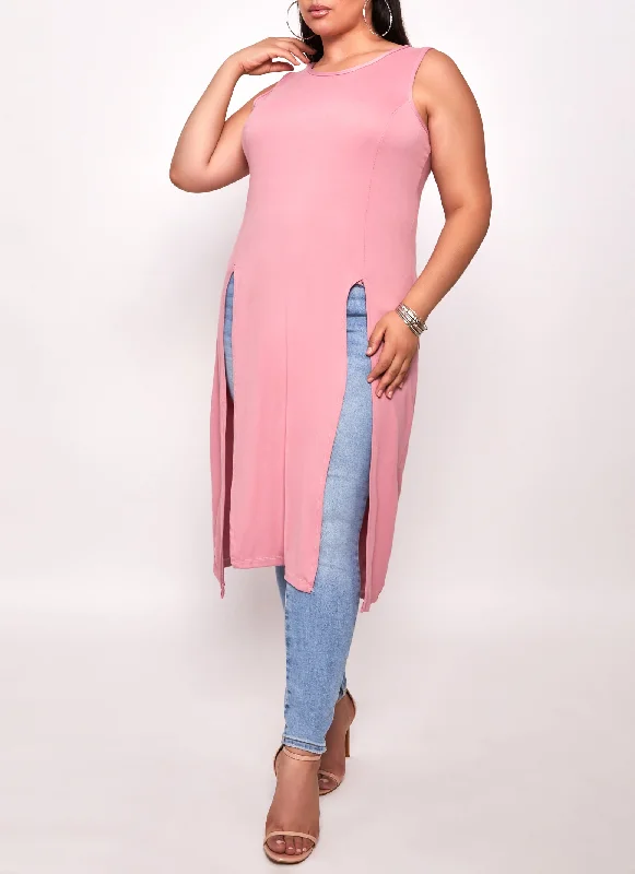 Plus Size Solid Split Hem Maxi Tank Top