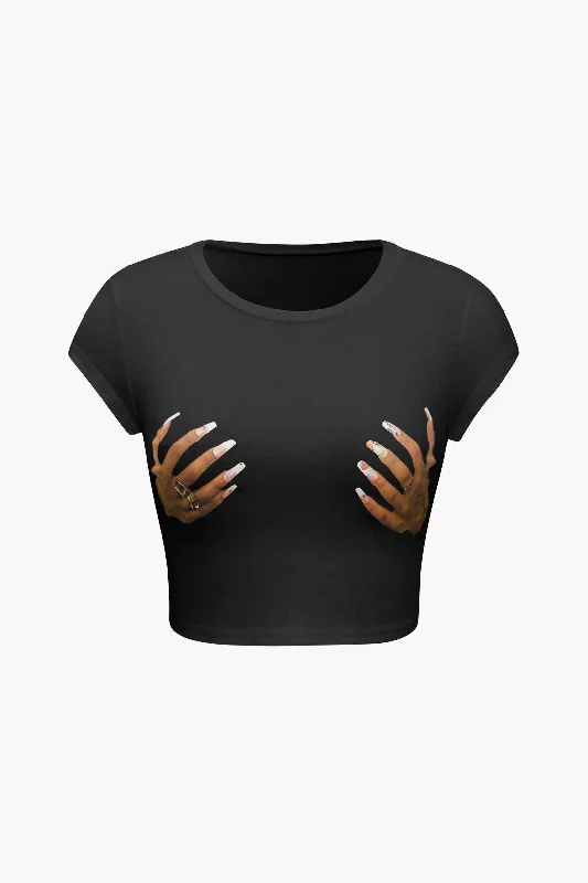 Hands Print Round Neck Crop T-shirt