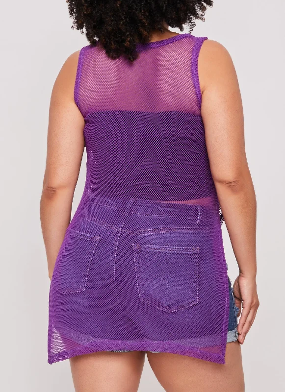 Plus Size Fishnet Side Slit Tank Top