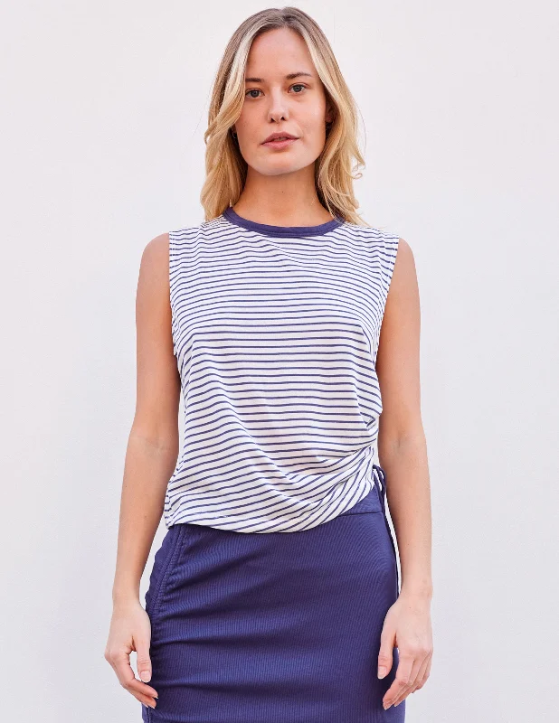 Sundry Classic Stripe Shirred Muscle Tank in Optic White