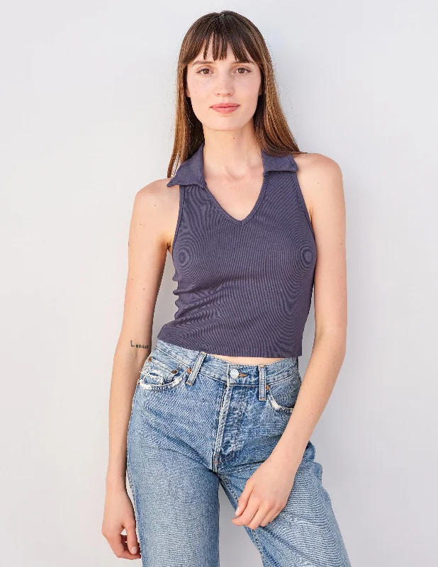 Sundry Johnny Collar Crop Tank in Navy