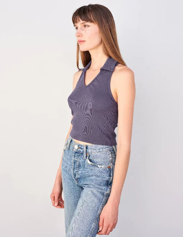 Sundry Johnny Collar Crop Tank in Navy