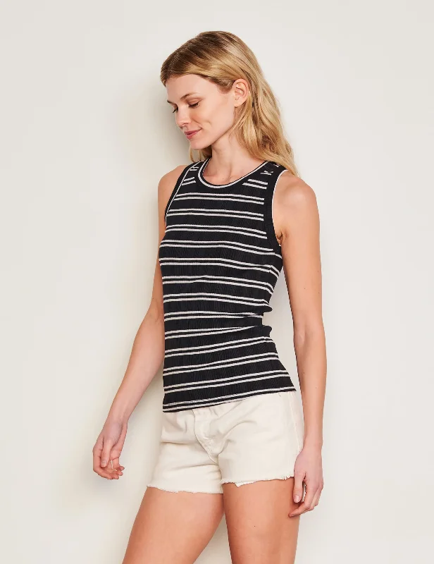 Sundry Variegated Rib Stripe High Crew Tank in Deep Navy