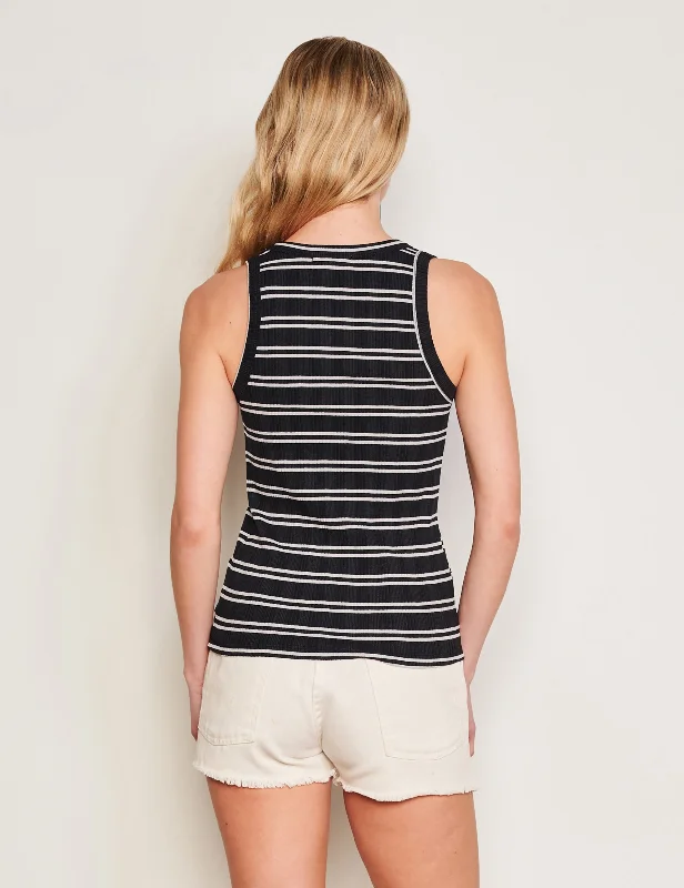 Sundry Variegated Rib Stripe High Crew Tank in Deep Navy